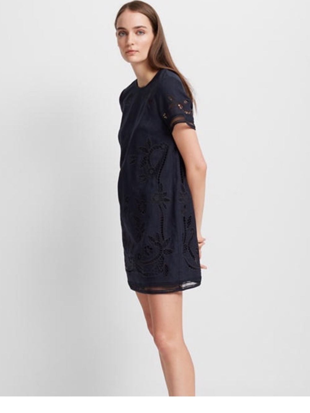 Club Monaco Luceenie Eyelet Linen Shift Dress Navy Embroidered Size 4 Lined